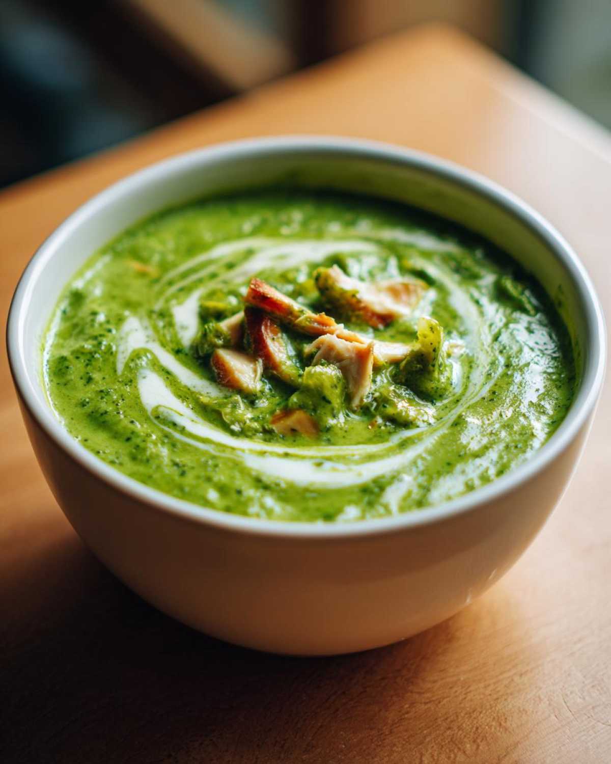 Close-up of a creamy, vibrant green chicken poblano soup recipe garnished with shredded chicken and a swirl of cream.