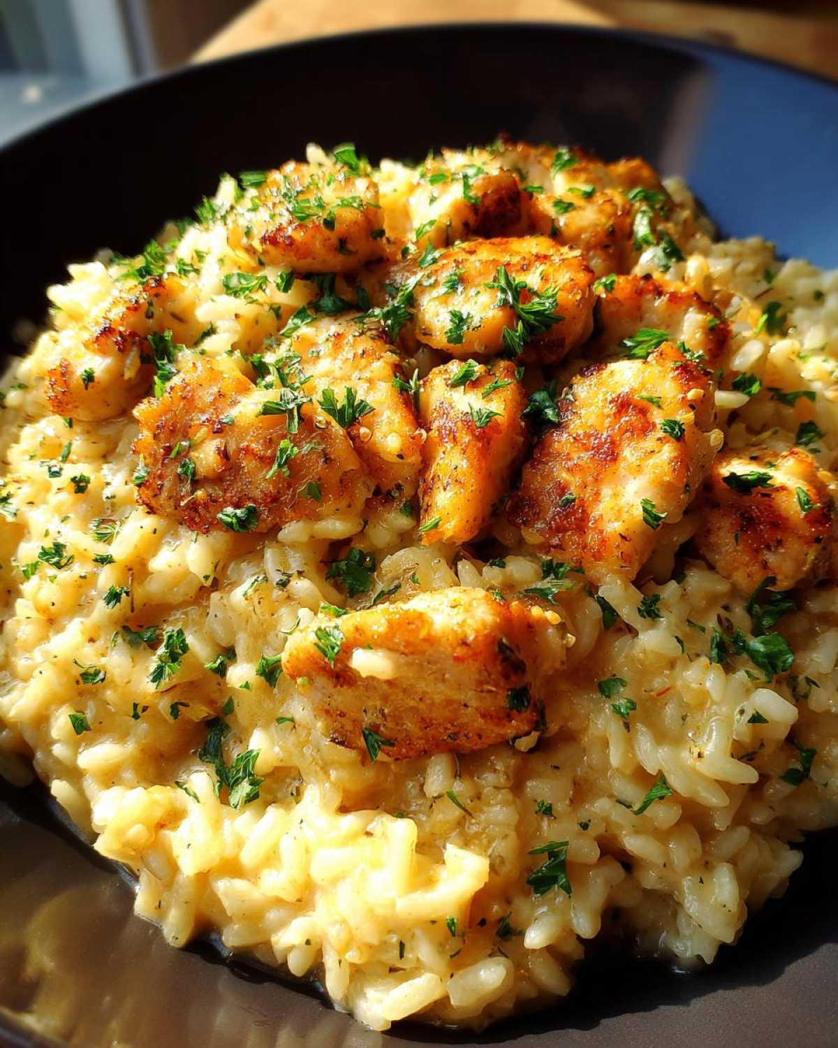 Close-up of golden, pan-seared chicken pieces served over creamy garlic parmesan rice, garnished with fresh parsley.