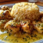Close-up of juicy chicken scampi pieces covered in lemon-garlic sauce next to a mound of garlic parmesan rice.