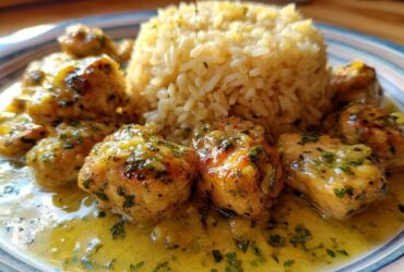 Close-up of juicy chicken scampi pieces covered in lemon-garlic sauce next to a mound of garlic parmesan rice.