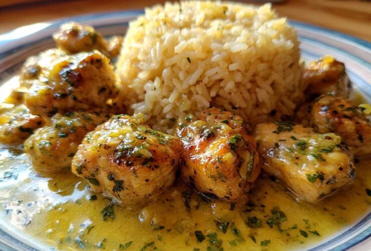 Close-up of juicy chicken scampi pieces covered in lemon-garlic sauce next to a mound of garlic parmesan rice.