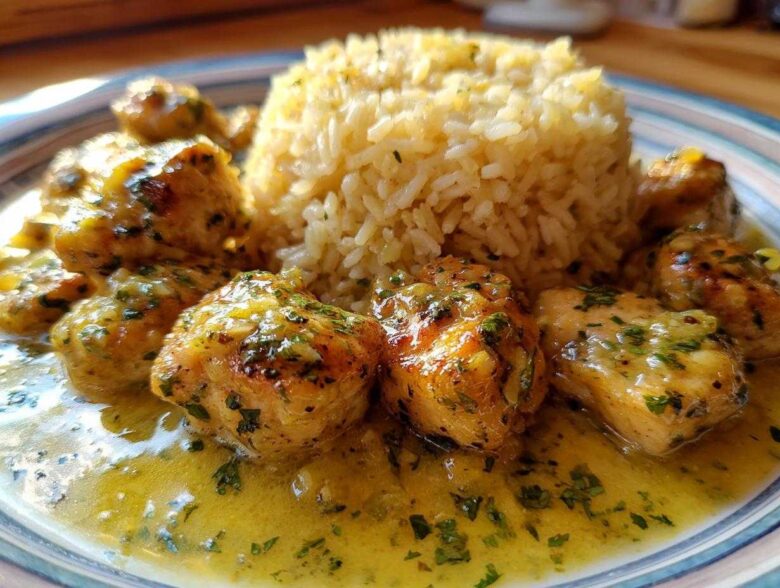 Close-up of juicy chicken scampi pieces covered in lemon-garlic sauce next to a mound of garlic parmesan rice.
