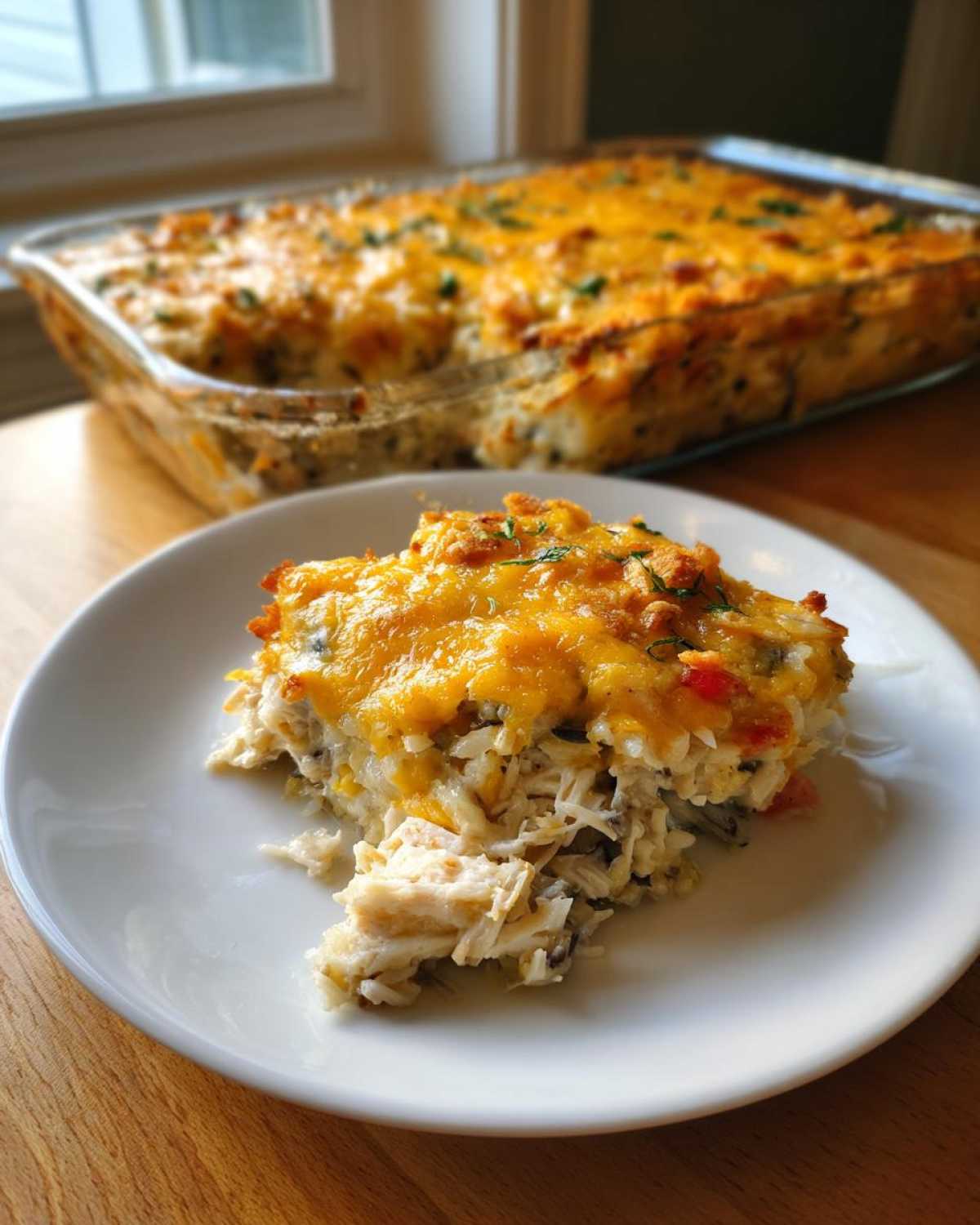 A square serving of creamy chicken wild rice casserole topped with melted cheddar cheese on a white plate.