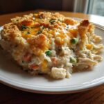 A generous slice of creamy chicken wild rice casserole topped with melted cheddar cheese and a crunchy topping.
