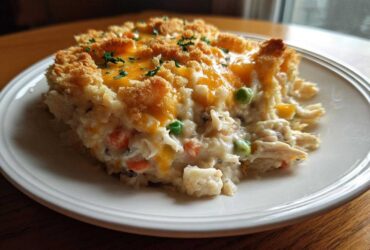 A generous slice of creamy chicken wild rice casserole topped with melted cheddar cheese and a crunchy topping.