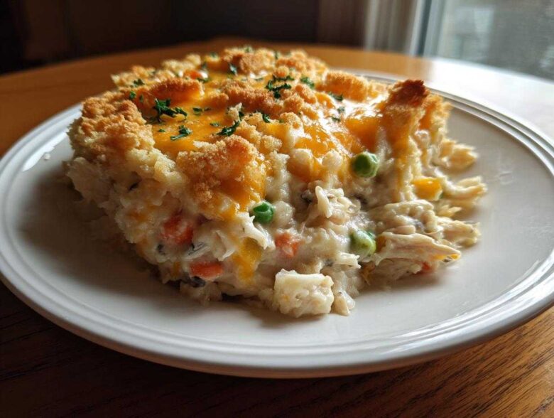A generous slice of creamy chicken wild rice casserole topped with melted cheddar cheese and a crunchy topping.