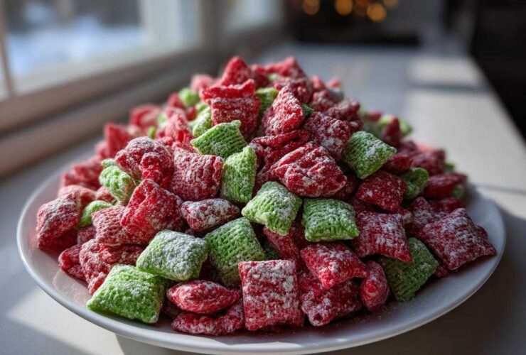 A mound of bright red and green Christmas puppy chow covered in powdered sugar, sitting on a white plate near a window.