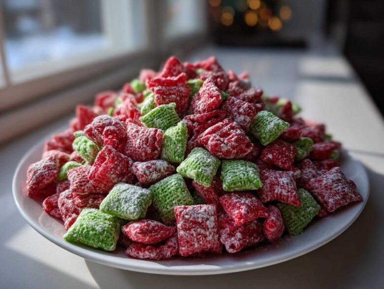 A mound of bright red and green Christmas puppy chow covered in powdered sugar, sitting on a white plate near a window.