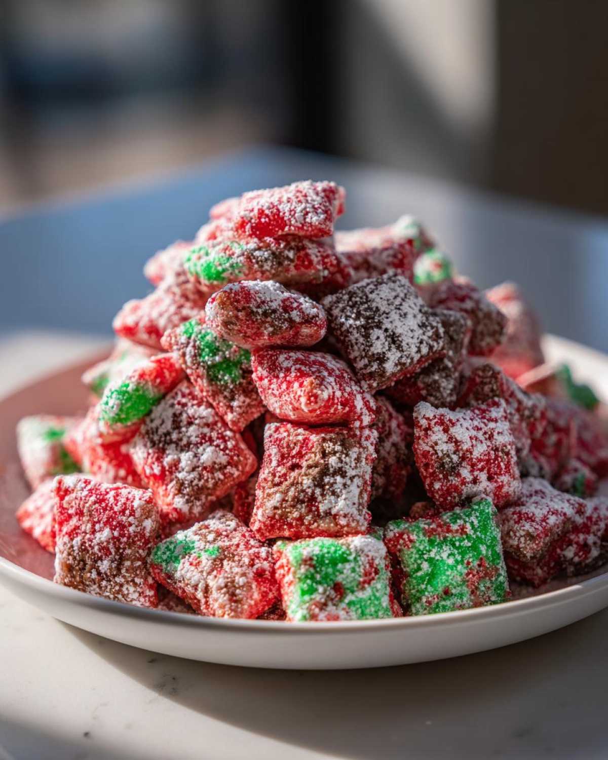 A close-up of a large pile of Christmas puppy chow, coated in powdered sugar, featuring red and green colors.