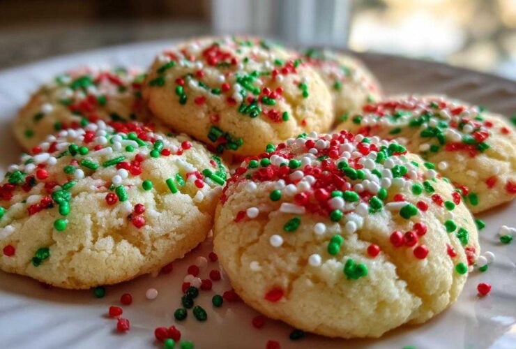 A close-up photo of several soft, round christmas sprinkle sugar cookies topped with red, white, and green holiday sprinkles.