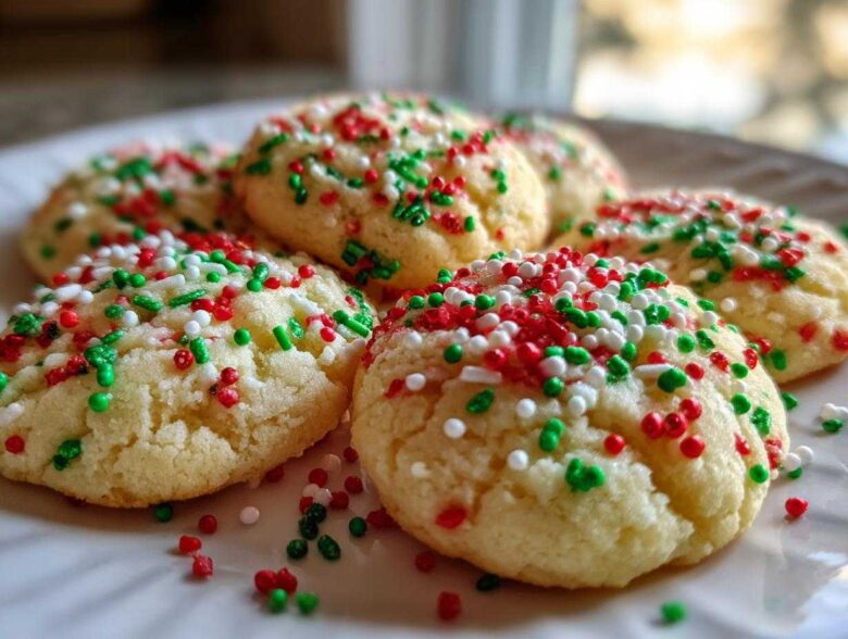 A close-up photo of several soft, round christmas sprinkle sugar cookies topped with red, white, and green holiday sprinkles.