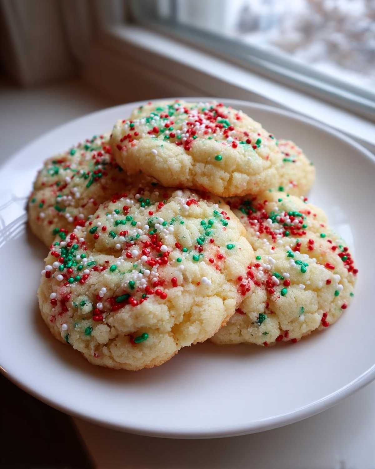 A stack of four soft christmas sprinkle sugar cookies topped with red, green, and white holiday sprinkles on a white plate.