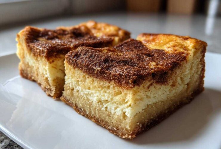 Close-up of two rich, thick slices of churro cheesecake on a white plate, showing the crust, creamy filling, and cinnamon sugar topping.