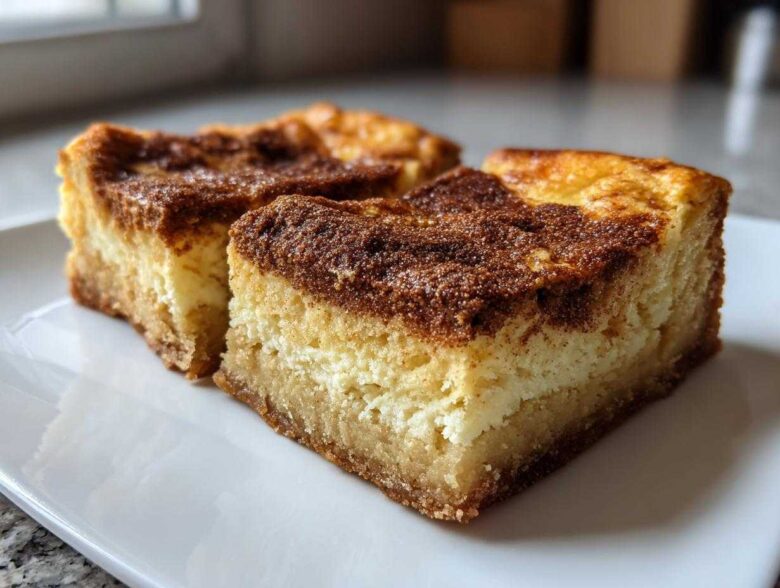 Close-up of two rich, thick slices of churro cheesecake on a white plate, showing the crust, creamy filling, and cinnamon sugar topping.
