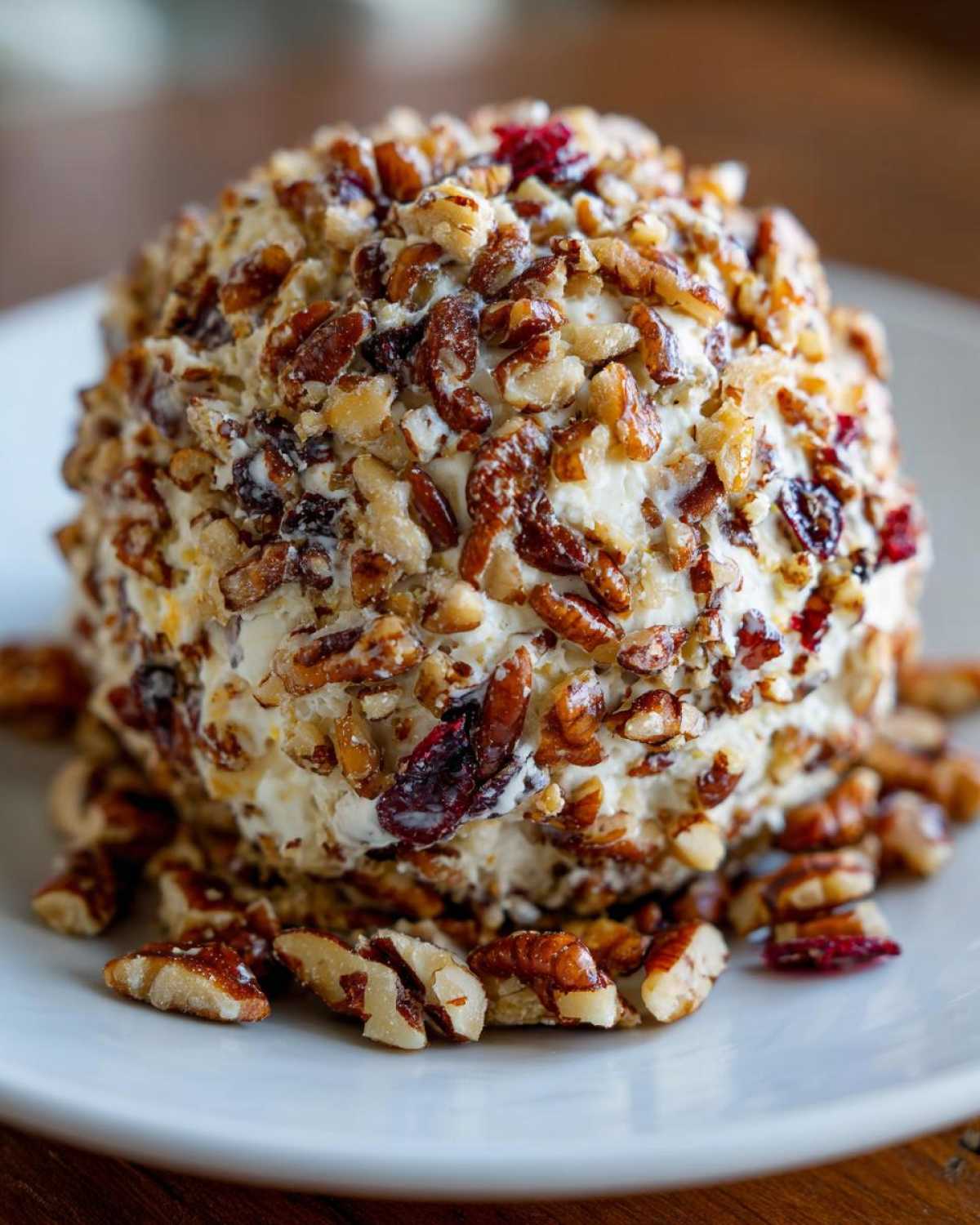 A perfectly formed cranberry pecan cheese ball coated entirely in chopped pecans and dried cranberries, resting on a white plate.