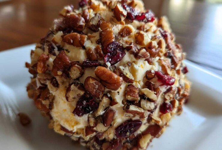 A close-up view of a perfectly formed cranberry pecan cheese ball coated in chopped pecans and dried cranberries.