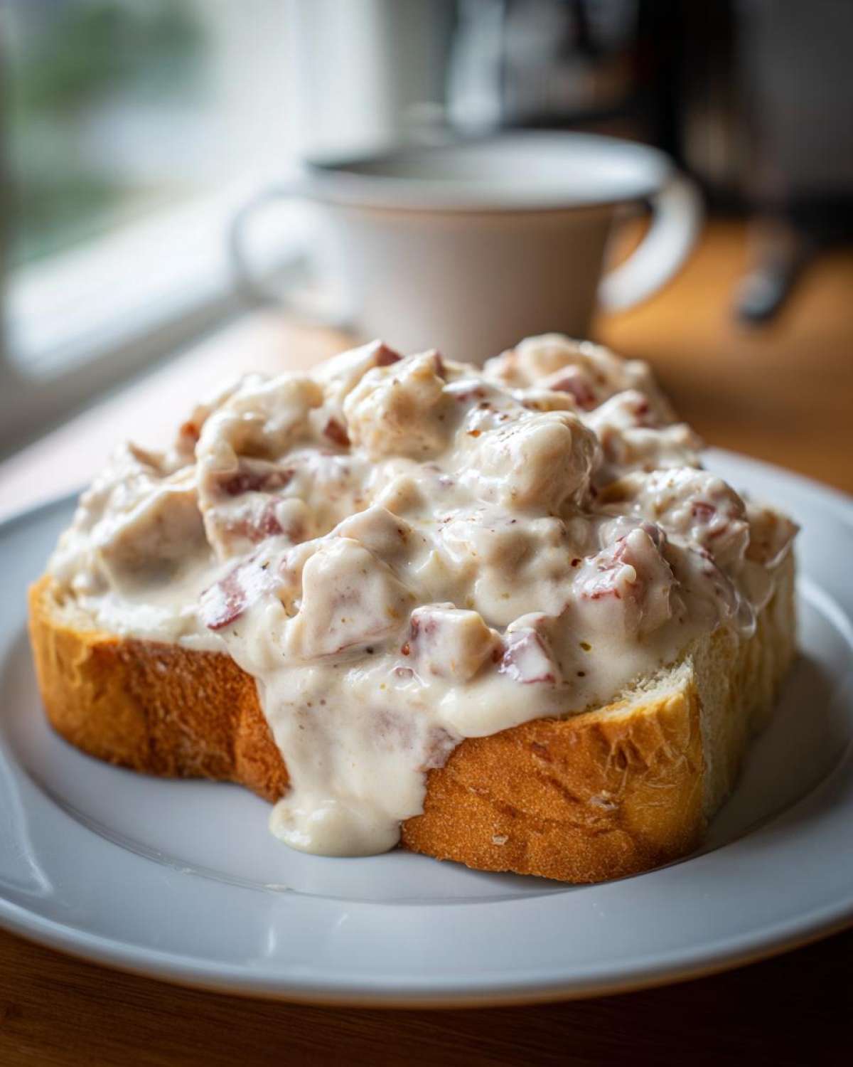A thick slice of toast generously topped with creamy chipped beef on toast mixture, served on a white plate.
