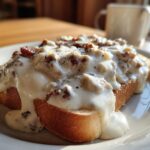 A thick slice of toast generously topped with creamy chipped beef on toast sauce, served on a white plate.