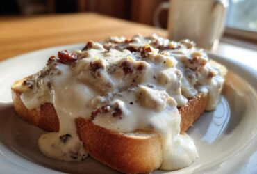 A thick slice of toast generously topped with creamy chipped beef on toast sauce, served on a white plate.