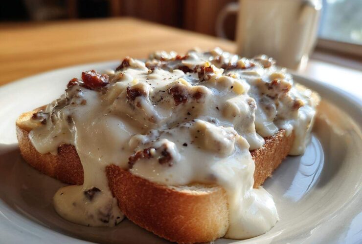 A thick slice of toast generously topped with creamy chipped beef on toast sauce, served on a white plate.