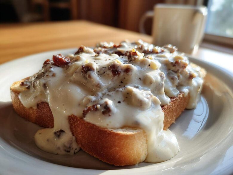 A thick slice of toast generously topped with creamy chipped beef on toast sauce, served on a white plate.