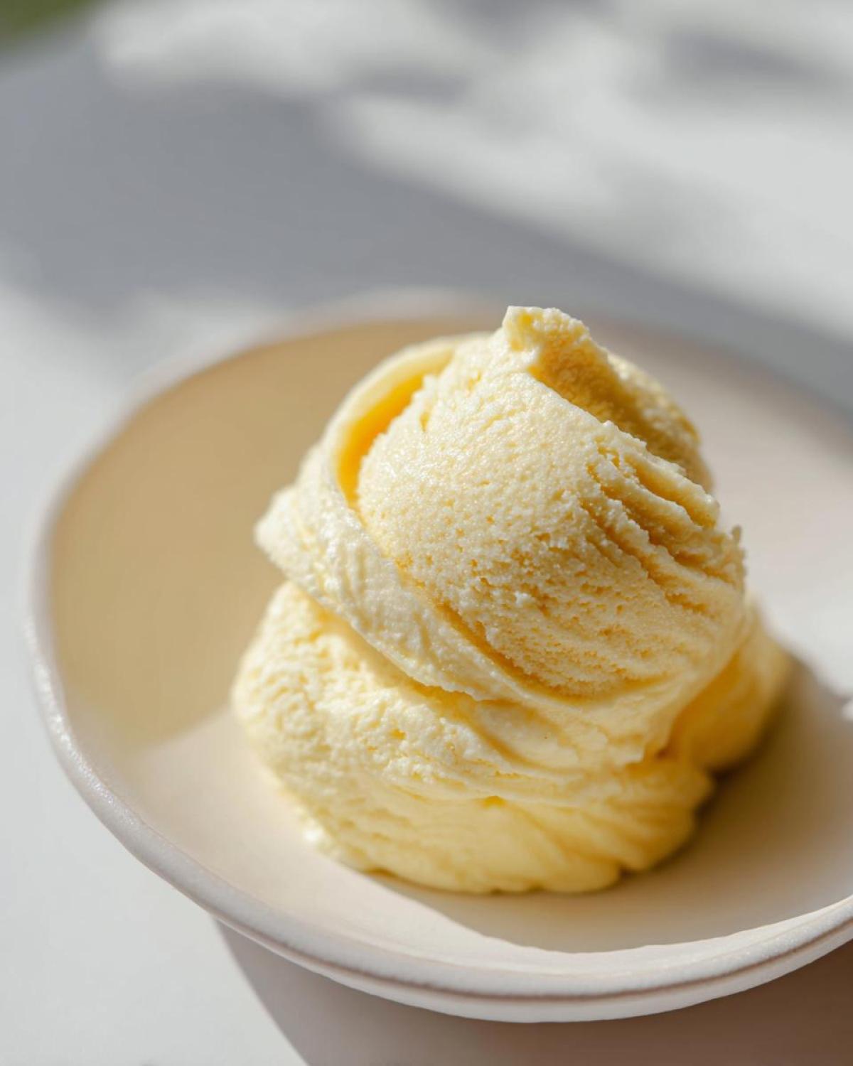 A close-up of two scoops of pale yellow banana ice cream served in a light-colored bowl.