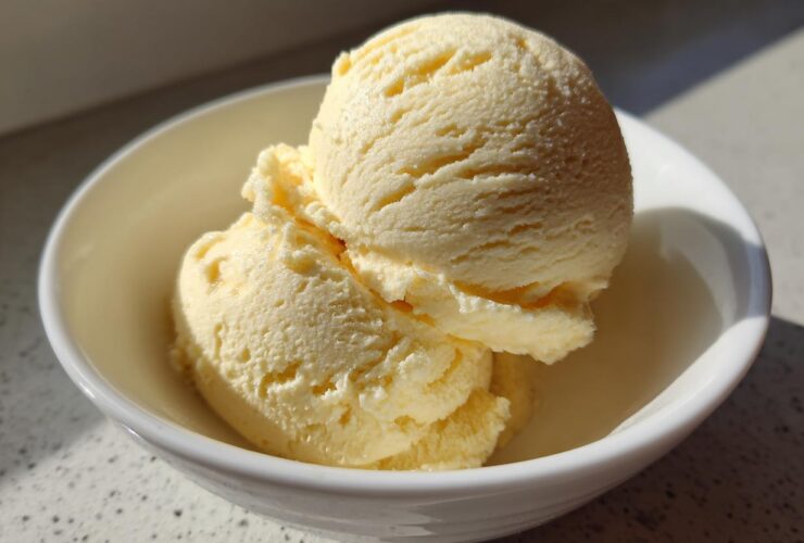 Close-up of two scoops of creamy, pale yellow banana ice cream in a small white bowl.