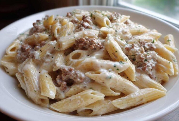 A close-up shot of a white bowl filled with creamy beef pasta made with penne, topped with ground meat and parsley.