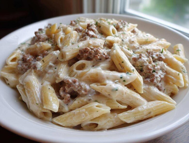 A close-up shot of a white bowl filled with creamy beef pasta made with penne, topped with ground meat and parsley.