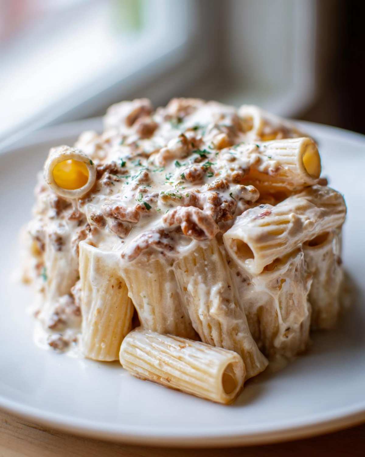 A close-up serving of creamy beef pasta made with rigatoni tubes, generously coated in a rich white sauce and topped with herbs.