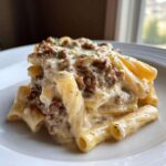 A close-up of a hearty serving of creamy beef pasta made with rigatoni noodles, generously coated in sauce.