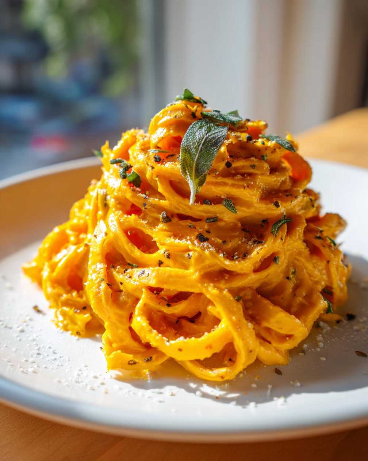 A vibrant mound of creamy butternut squash pasta, topped with fresh sage leaves and grated cheese.