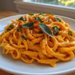 A close-up of creamy butternut squash pasta tossed with fettuccine and topped with fresh sage leaves.