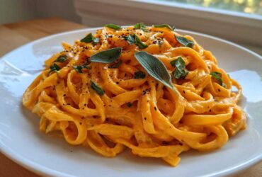 A close-up of creamy butternut squash pasta tossed with fettuccine and topped with fresh sage leaves.