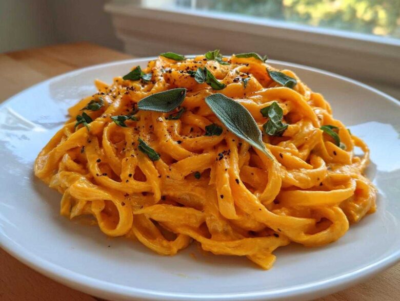 A close-up of creamy butternut squash pasta tossed with fettuccine and topped with fresh sage leaves.