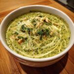 A close-up of a bowl of creamy green chicken poblano soup, topped with shredded chicken and herbs.