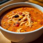 Close-up of a steaming bowl of creamy chicken taco soup, showing shredded chicken, corn, and black beans.