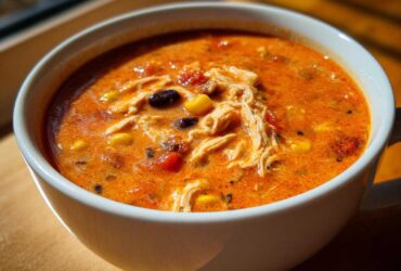 Close-up of a steaming bowl of creamy chicken taco soup, showing shredded chicken, corn, and black beans.