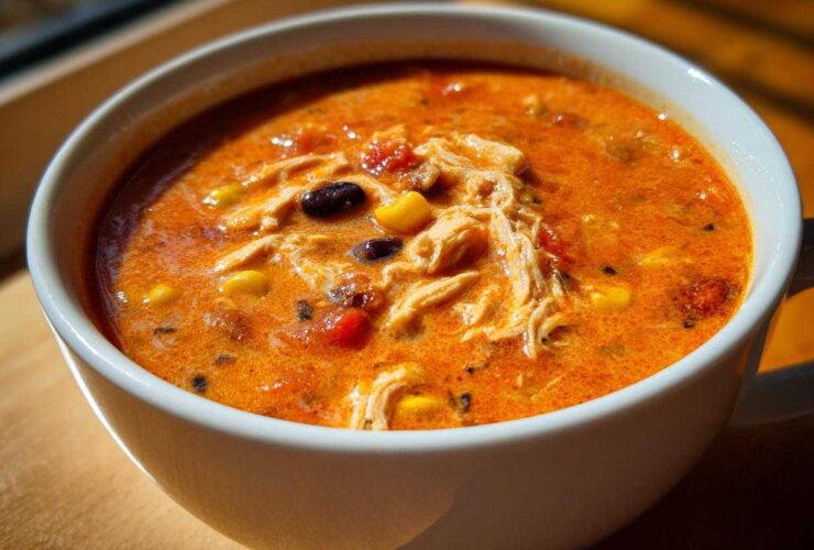 Close-up of a steaming bowl of creamy chicken taco soup, showing shredded chicken, corn, and black beans.