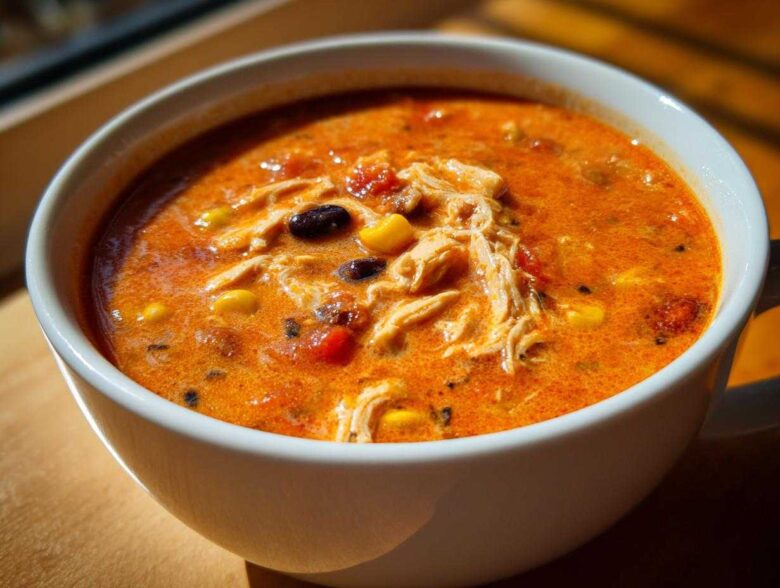 Close-up of a steaming bowl of creamy chicken taco soup, showing shredded chicken, corn, and black beans.