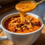 A spoonful of creamy, orange broth dripping back into a bowl of rich chicken taco soup with shredded chicken, corn, and beans.