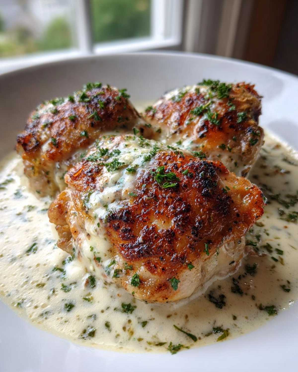 Three perfectly seared chicken thighs served in a rich, creamy herb sauce.