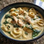 A close-up of a bowl of creamy chicken tortellini soup, featuring chunks of chicken, wilted spinach, and grated Parmesan.