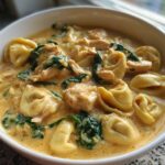 A close-up shot of a white bowl filled with rich, creamy chicken tortellini soup featuring spinach and chunks of chicken.