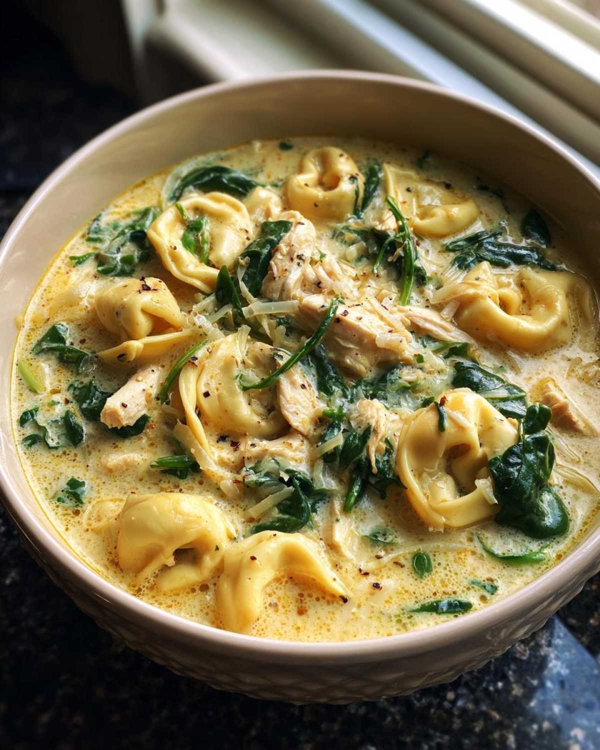 Close-up of a bowl filled with creamy chicken tortellini soup, featuring pasta, shredded chicken, and wilted spinach.