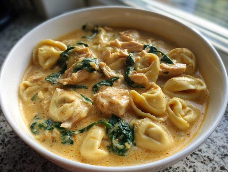 A close-up shot of a white bowl filled with rich, creamy chicken tortellini soup featuring spinach and chunks of chicken.
