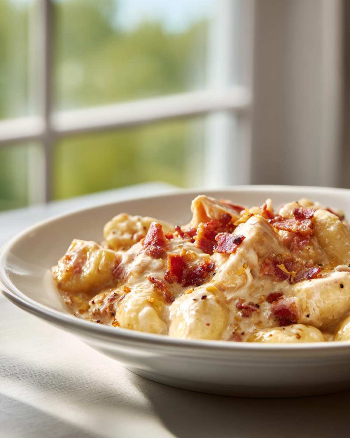 A close-up of creamy crack chicken gnocchi in a white bowl, topped generously with crispy bacon pieces.