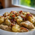 A close-up of creamy crack chicken gnocchi featuring tender chicken, potato dumplings, bacon bits, and parsley.