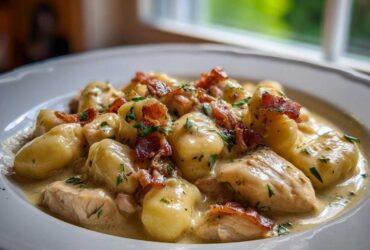 A close-up of creamy crack chicken gnocchi featuring tender chicken, potato dumplings, bacon bits, and parsley.