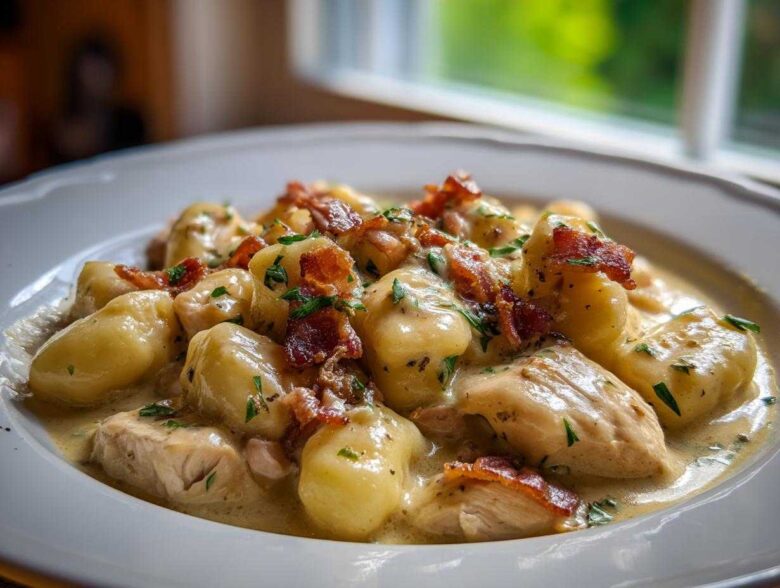 A close-up of creamy crack chicken gnocchi featuring tender chicken, potato dumplings, bacon bits, and parsley.